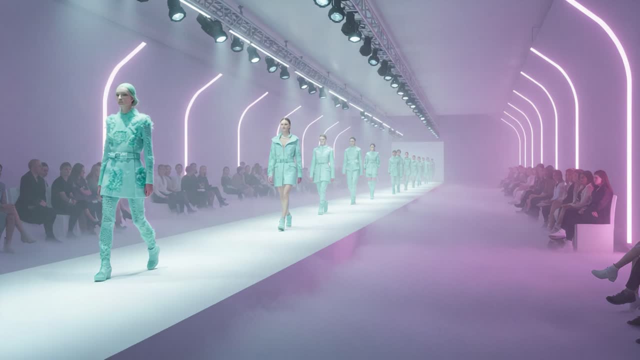 A Spectacular Fashion Show Featuring Models in Stunning Light Green Outfits Walking Down a Futuristic Runway Enhanced by Ethereal Fog and Neon Lights