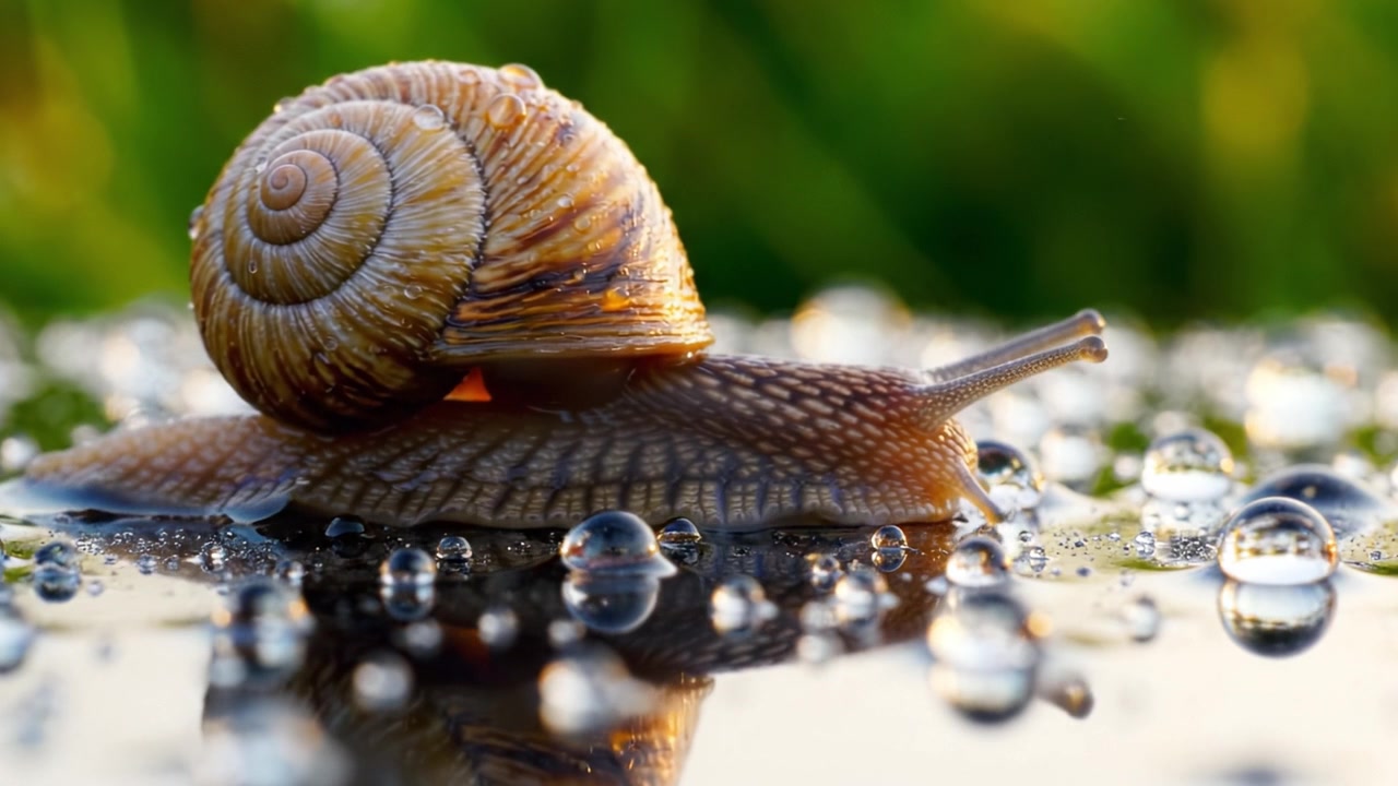 A Glimmering Snail: Captivating Close-Up of a Snail Resting on a Wet Surface, Surrounded by Sparkling Droplets Reflecting Nature's Beauty and Serenity