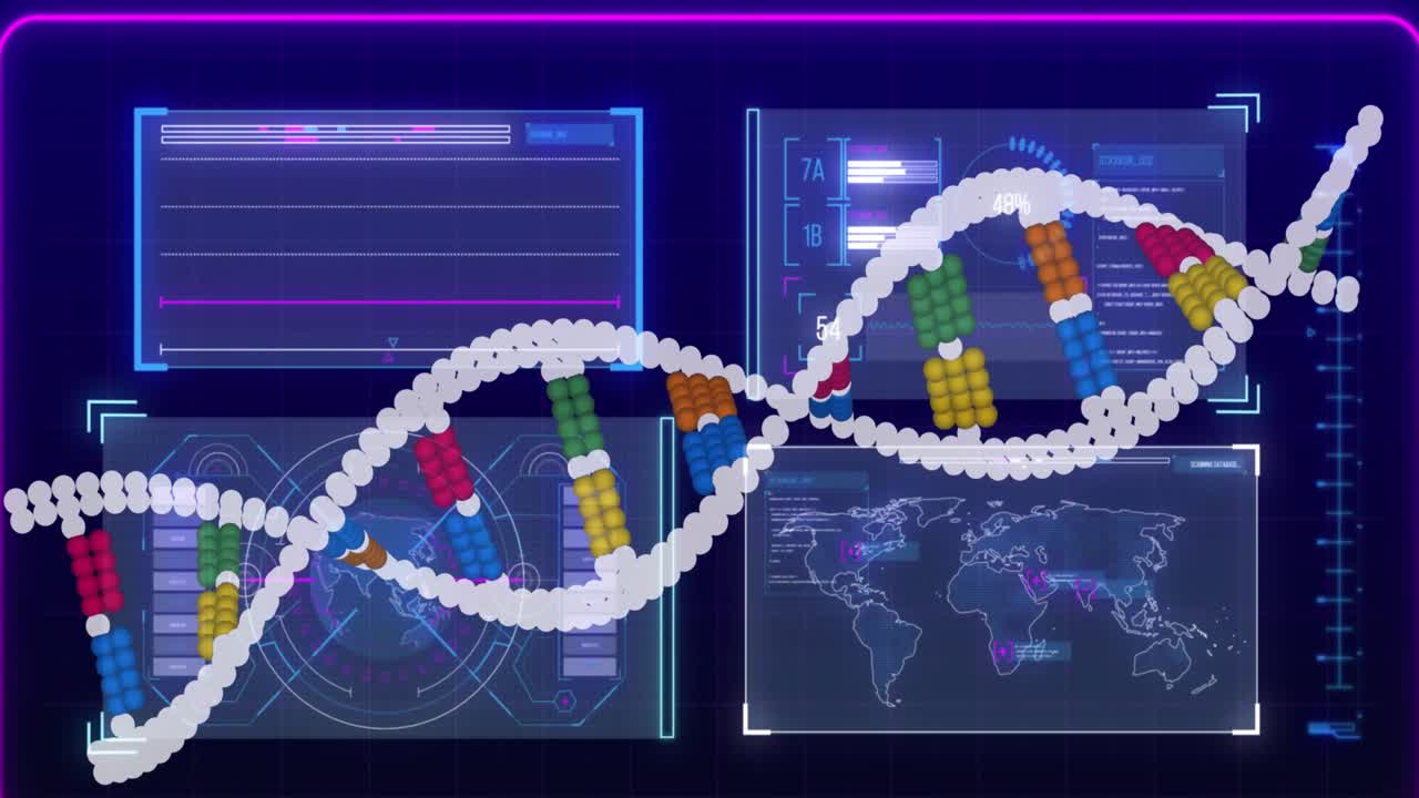 animación de la cadena de adn sobre el procesamiento de datos en fondo negro