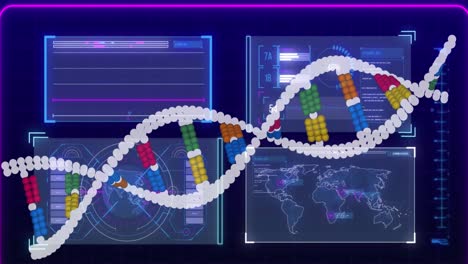 Animation-of-dna-strand-over-data-processing-on-black-background