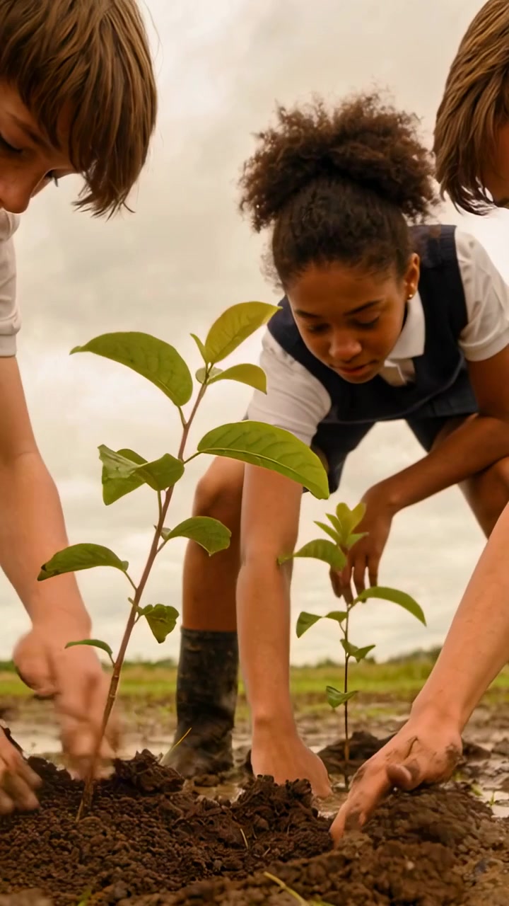 Vertical video: Planting kids in mud field pressing saplings with hands girl in uniform and boots