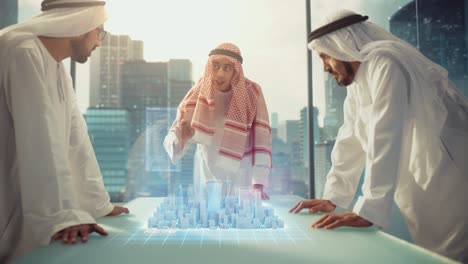 un grupo de desarrolladores de negocios inmobiliarios árabes con ropa tradicional discuten oportunidades de inversión basadas en un modelo de ciudad 3d de realidad aumentada holográfica en su oficina moderna en un rascacielos.