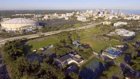 4k aerial drone video of campbell park and tampa bay rays baseball stadium in downtown st