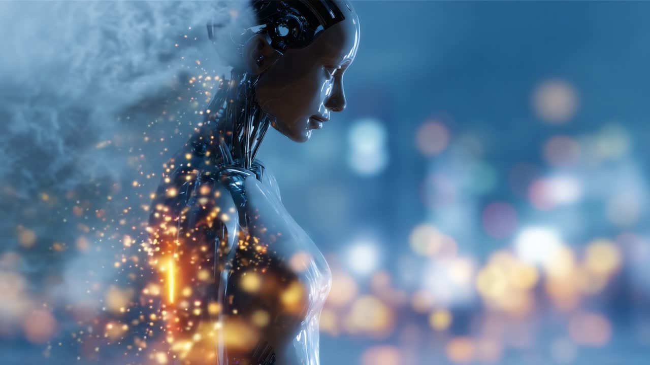 Robô humanoide futurista com uma aura digital, passando de uma forma tangível para partículas etéreas em meio a um plano de fundo urbano vibrante e desfocado
