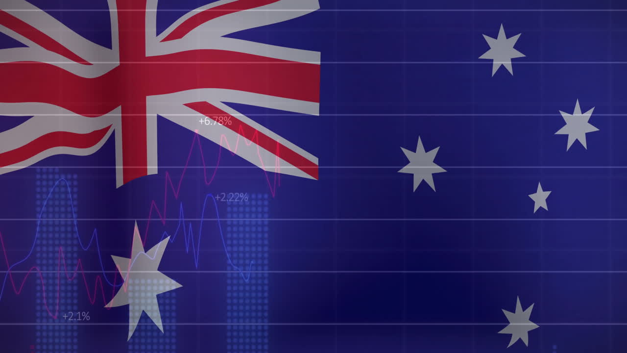 파란색 배경에 금융 데이터 처리 애니메이션으로 오스트레일리아 발