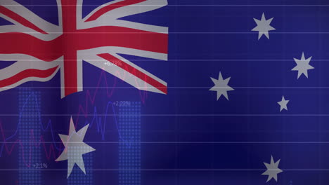 australian flag with financial data processing animation over blue background