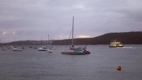 experience the captivating ambiance of manly ferry passing as boats gracefully navigate the cloudy seas