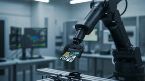 automated robotic arm handling microchips in a high-tech laboratory environment with monitors displaying advanced data and analysis reports
