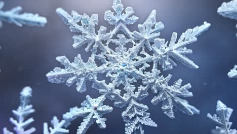 beautiful snowflakes are forming an ice crystal structure. the amazing six pointed frozen crystals are growing on a blue background