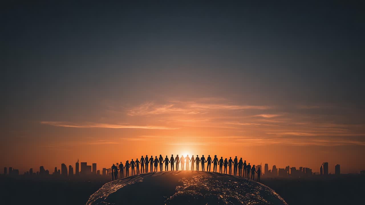 A Powerful Gathering at Sunset: Silhouetted Figures Forming a Unified Community on a Globe Underneath a Radiant Sky, Symbolizing Global Unity and Connection