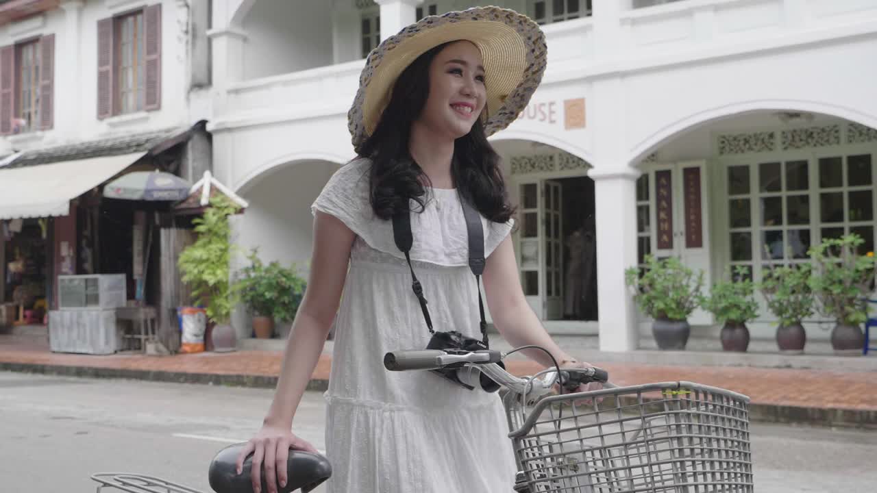 Beautiful Asian Girl Travel With Bicycle, Slow Motion