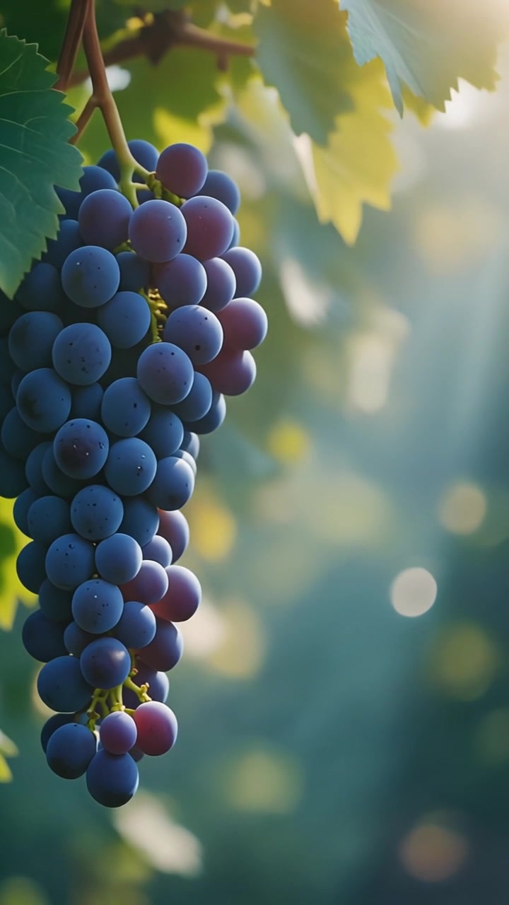Grappolo d'Uva Viola Matura Appeso alla Vite in un Vigneto
