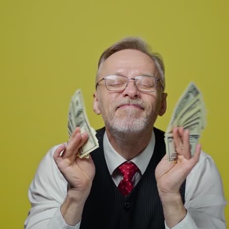 happy senior man enjoys money. portrait of an old businessman with many dollar banknotes in his hands. great business deal.