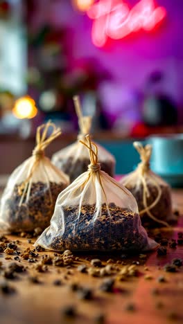 tea bags on wooden table