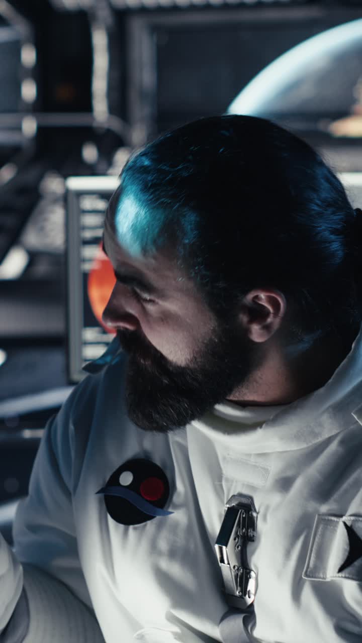 Vertical video Astronauts discussing last details before stepping out outside space station