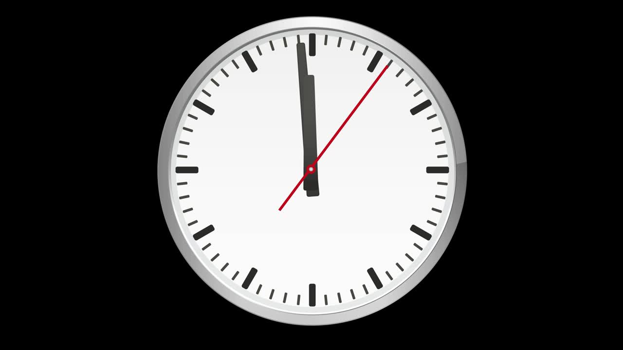 reloj analógico en un fondo negro, de un minuto a doce horas. la manija de segundos se mueve exactamente un minuto