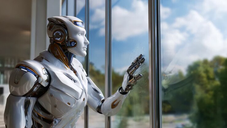 Un robot futuristico si trova vicino a una finestra, guarda fuori mentre tocca il vetro, contemplando il mondo esterno con un misto di curiosità e consapevolezza artificiale.