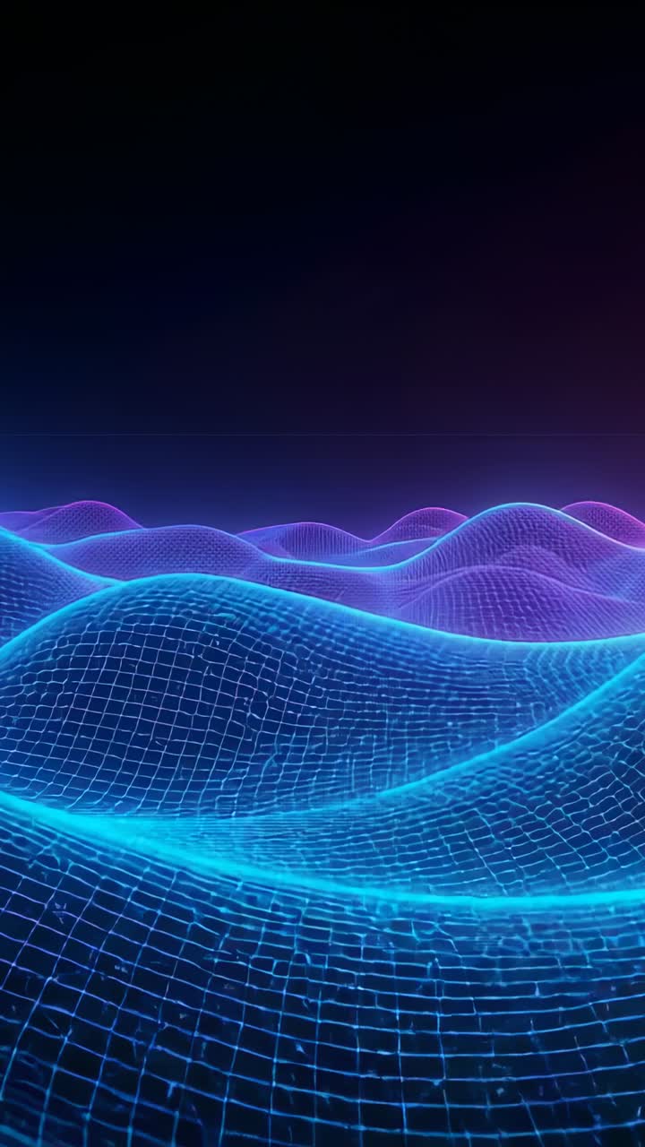 Vertical video: Playing looped glowing cyan mesh undulating in dark void, pulsing magenta ridges