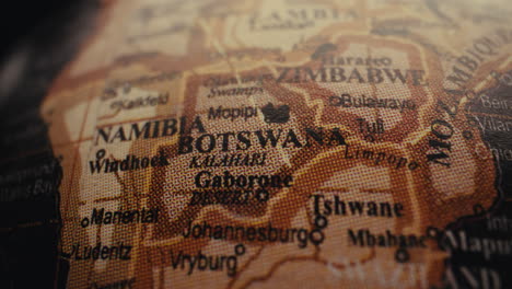 close-up of a world map focusing on namibia and botswana