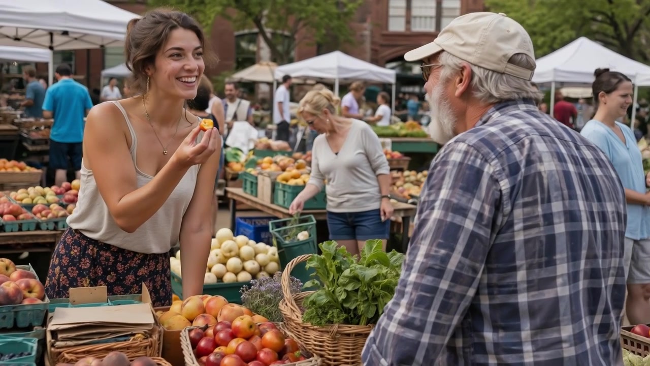 Junge Frau probiert frische Produkte auf einem belebten Bauernmarkt im Freien mit einem Verkäufer.