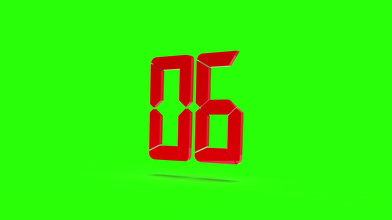 Countdown clock from 9 to 0. Red digital numbers on a green screen background. Chroma key