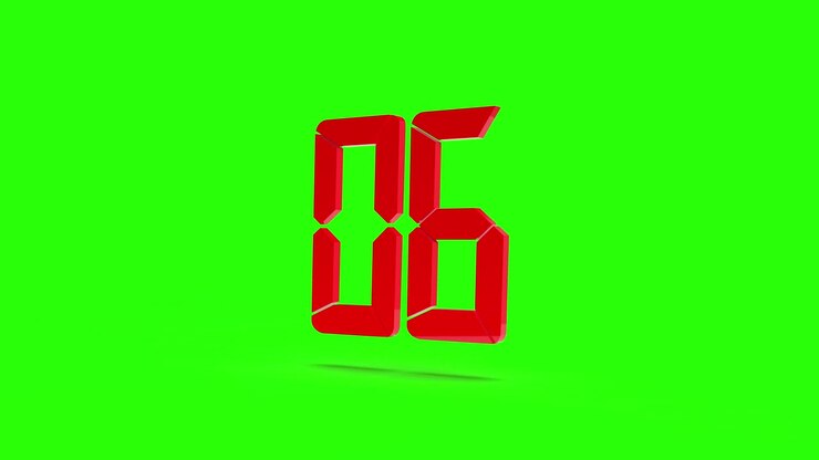 Countdown clock from 9 to 0. Red digital numbers on a green screen background. Chroma key