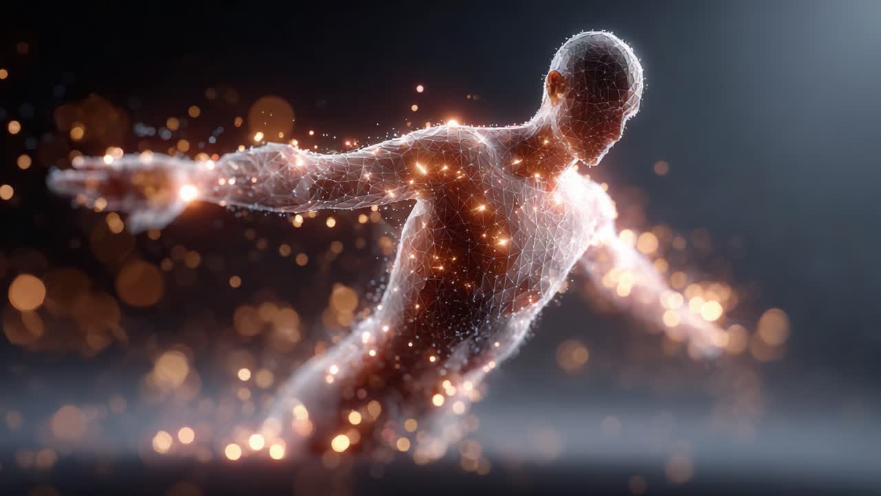 A Glowing Human Silhouette in Motion, Illuminated with Sparkling Particles and Ethereal Light, Capturing the Essence of Fluidity and Energy in Artistic Expression