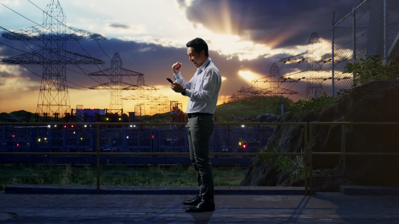 Full Body Side View Of An Asian Male Professional Worker Standing With His phone Near High Voltage Tower, Industrial Facility, He Raises His Fist Up With Screaming Goal