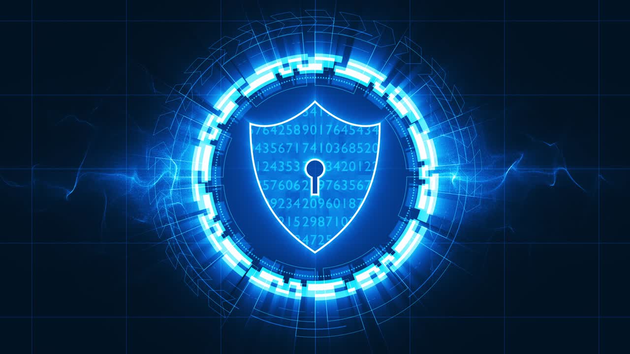 gráfico de movimiento del escudo de seguridad azul con tecnología de círculo de rotación fondo abstracto, concepto de seguridad de red