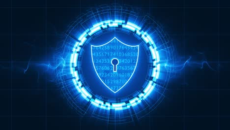 motion graphic of blue security shield with rotation circle technology abstract background, network security concept