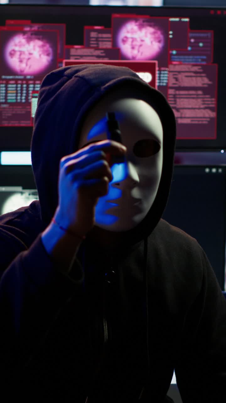 Video verticale. Hacker che nasconde la sua identità mentre filma un video di richiesta di riscatto in una base sotterranea nascosta