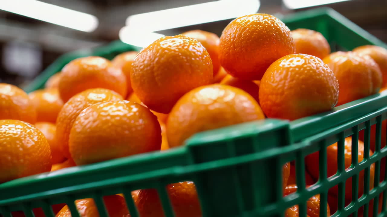 Freshly picked mandarins in a green basket at a supermarket