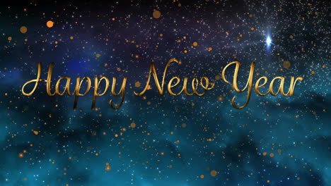happy new year text animation over starry night sky with golden sparkles