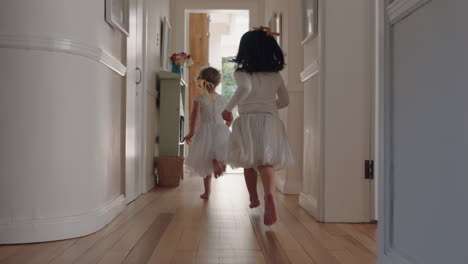 happy little girls running through house wearing tutu excited to go outside playful children enjoying childhood fun on weekend morning 4k