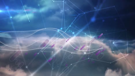 animación de la red de conexiones, ondas digitales y rastros de luz púrpura contra las nubes en el cielo