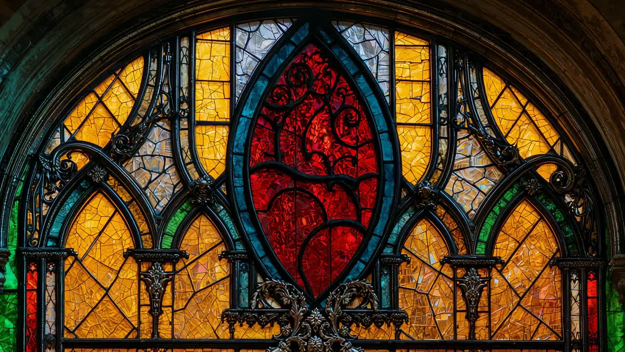 Camera holding fixed shot on Gothic stained glass window in church nave showcasing red pane, grille