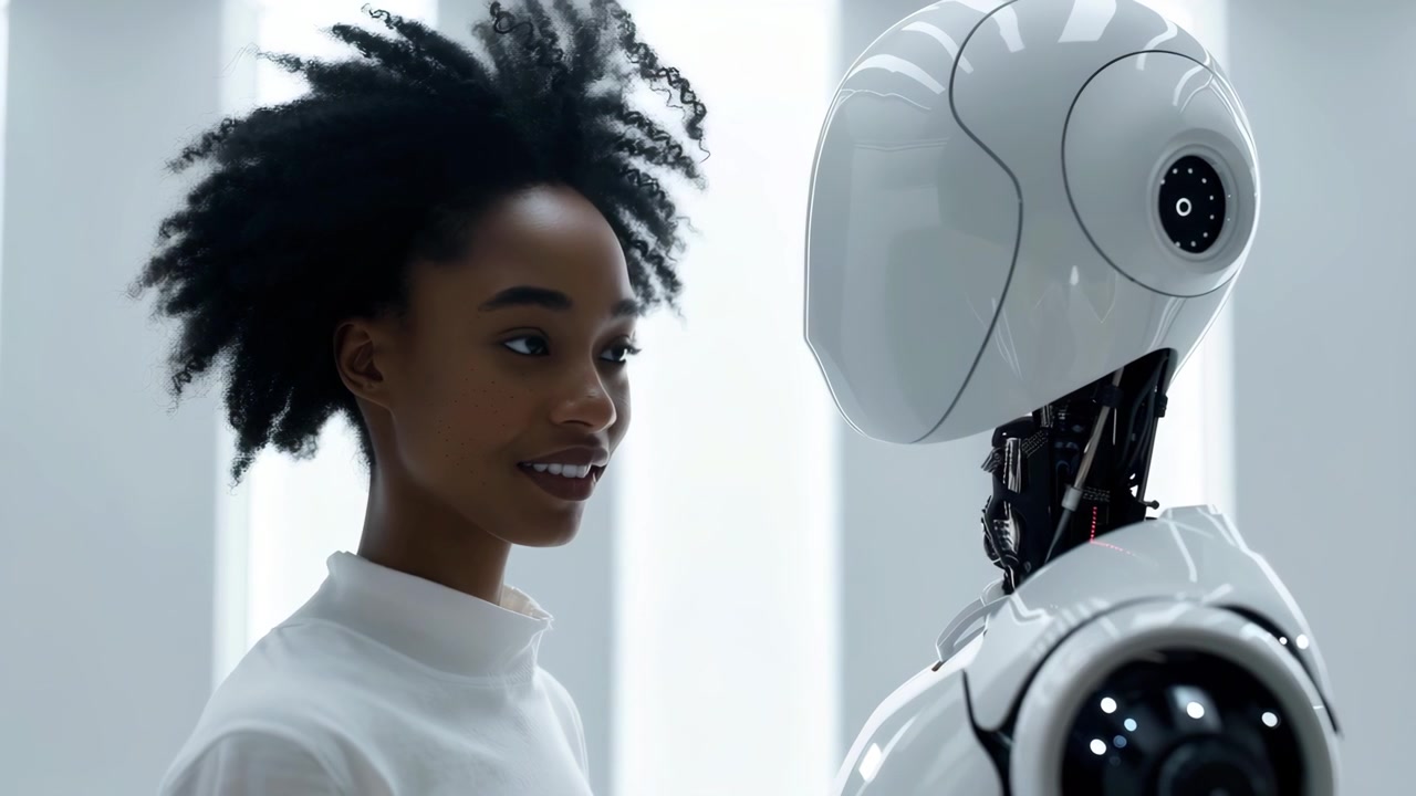 Young Black Woman Interacting with a Humanoid Robot