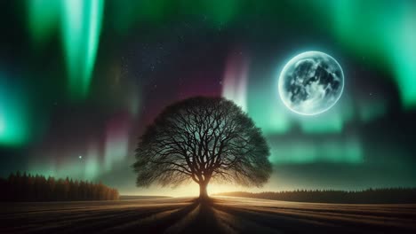 majestic tree under a full moon and aurora borealis
