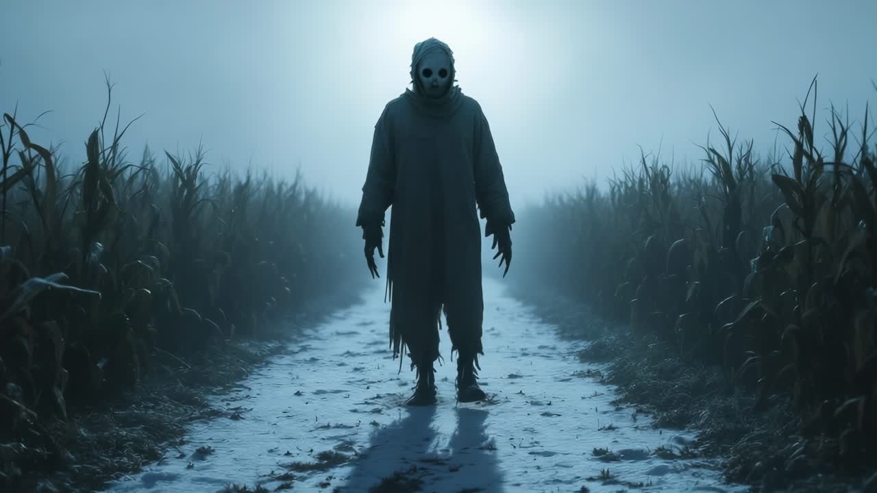 Eerie figure in foggy cornfield, slowly advancing through misty path with haunting presence