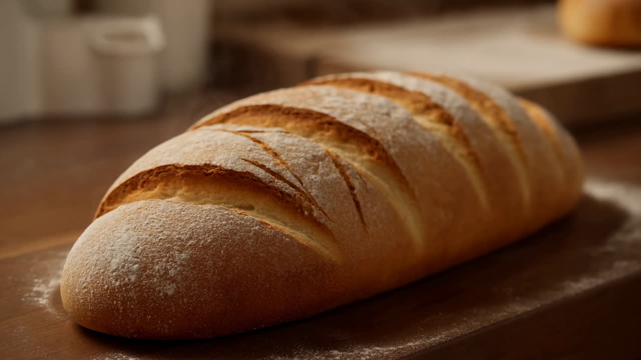 Pagnotta artigianale fresca su un tagliere di legno, infarinata, con crosta dorata calda e superficie incisa, su un bancone di panetteria rustica
