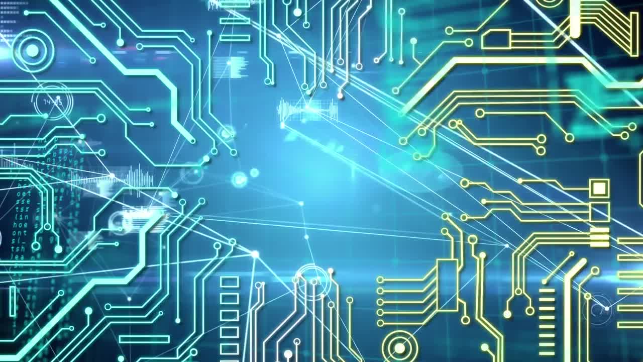 검은 바탕에 연결 네트워크를 통해 컴퓨터 회로판의 애니메이션