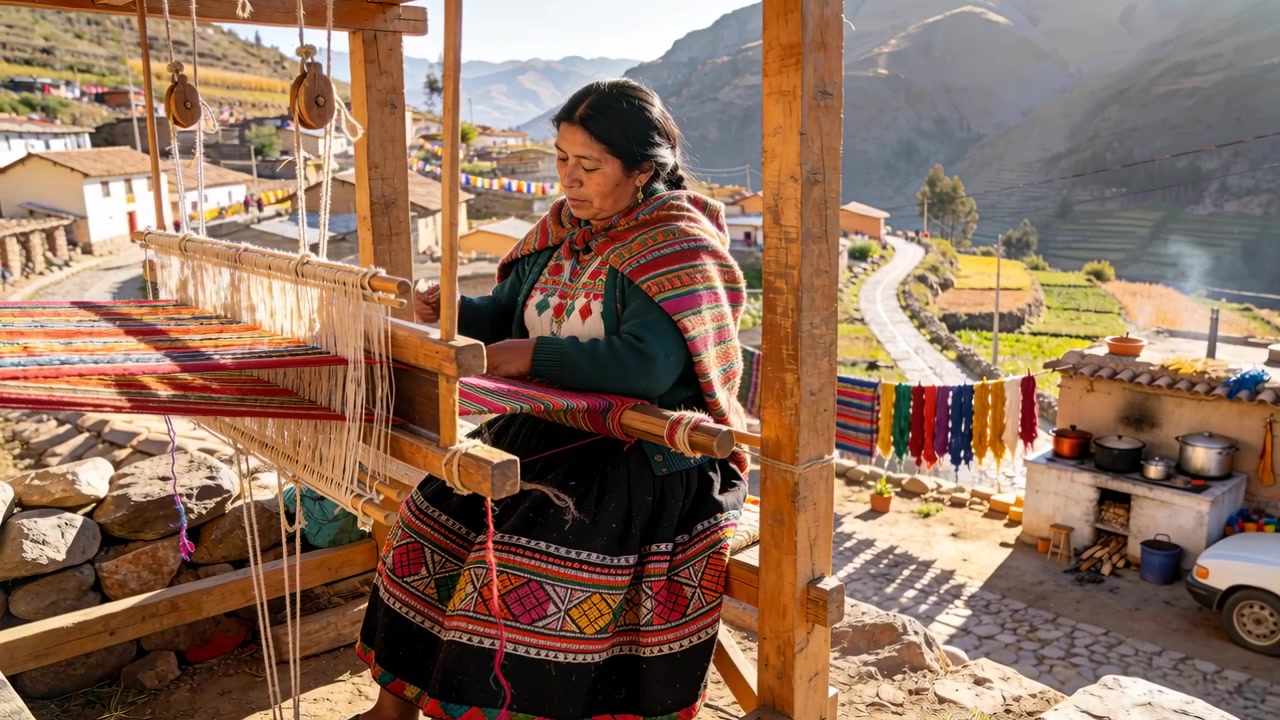 Starting with hands on warp, Andean woman at loom weaving, making textile on terrace wearing shawl