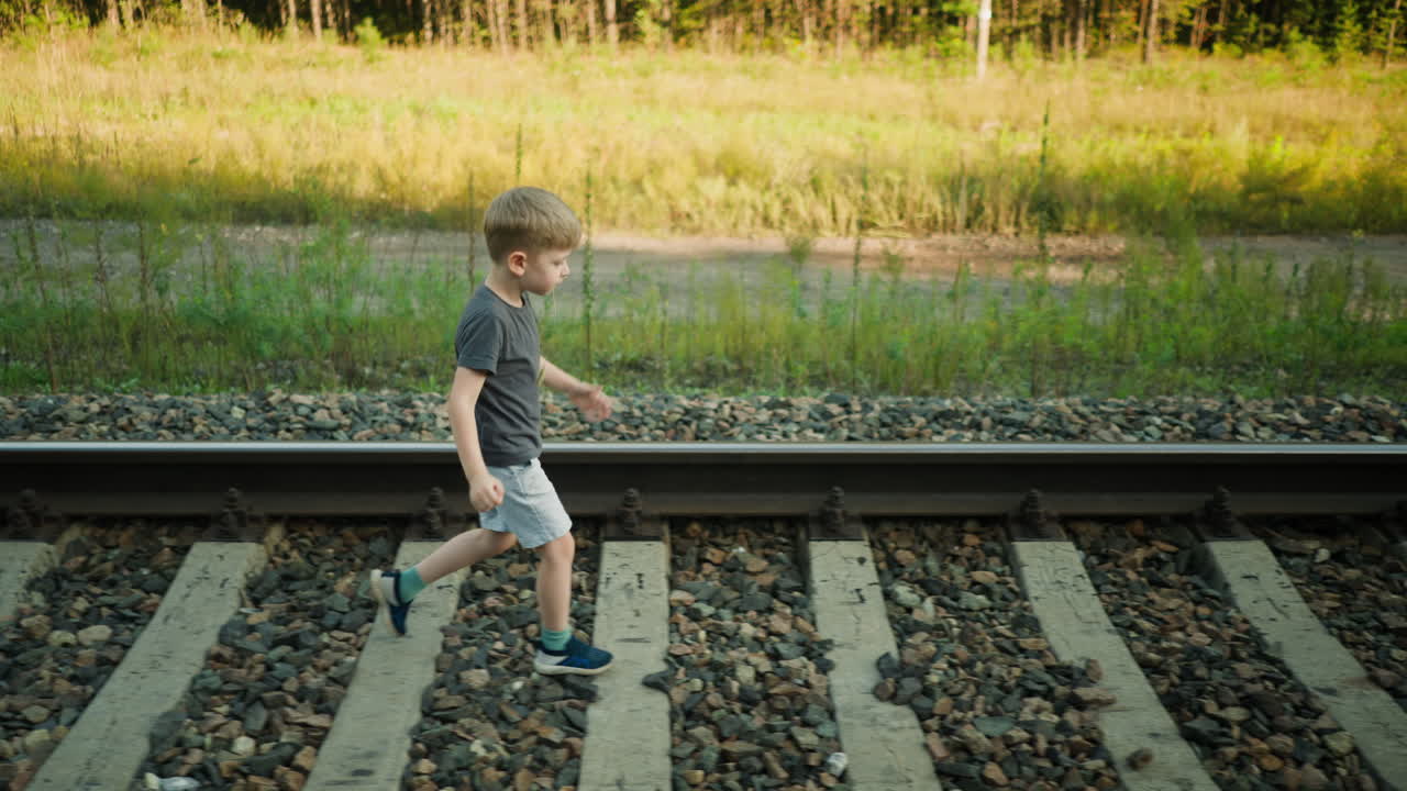 side view of little boy in casual clothes walking alone on railway track surrounded by gravel and wild grass, holding dry stem in hand, bright daylight in rural landscape with forest in background
