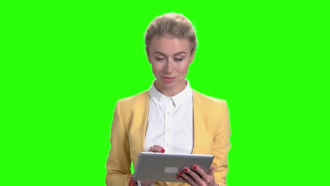business woman with pc tablet on chroma key background.