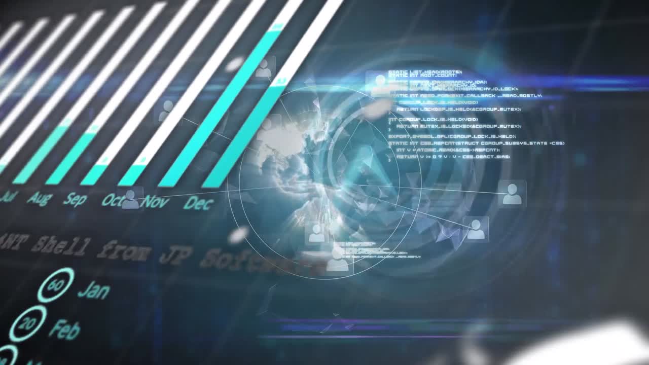 animación de la interfaz con procesamiento de datos sobre reloj de tic-tac y globo giratorio en fondo azul