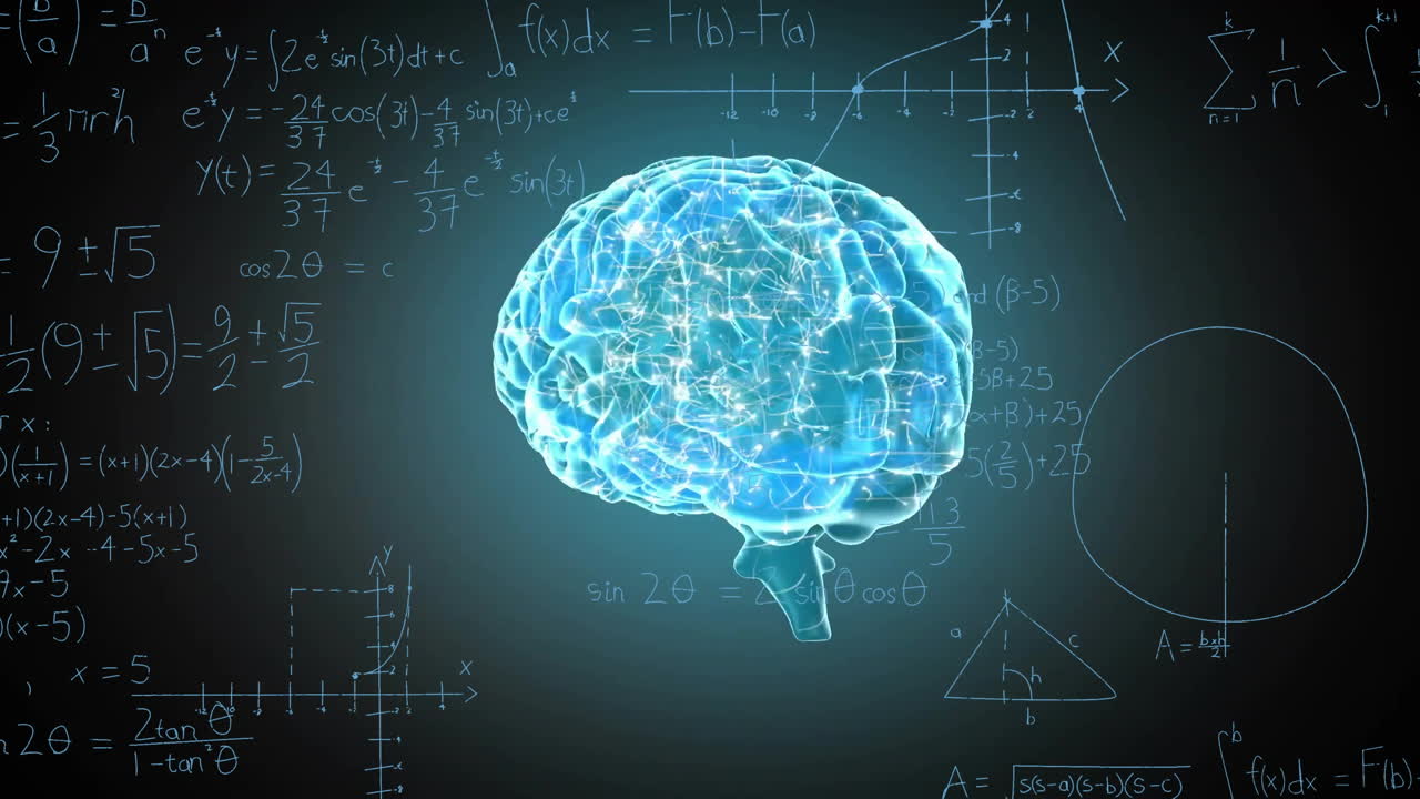 Animation of glowing blue brain over mathematical equations on dark background