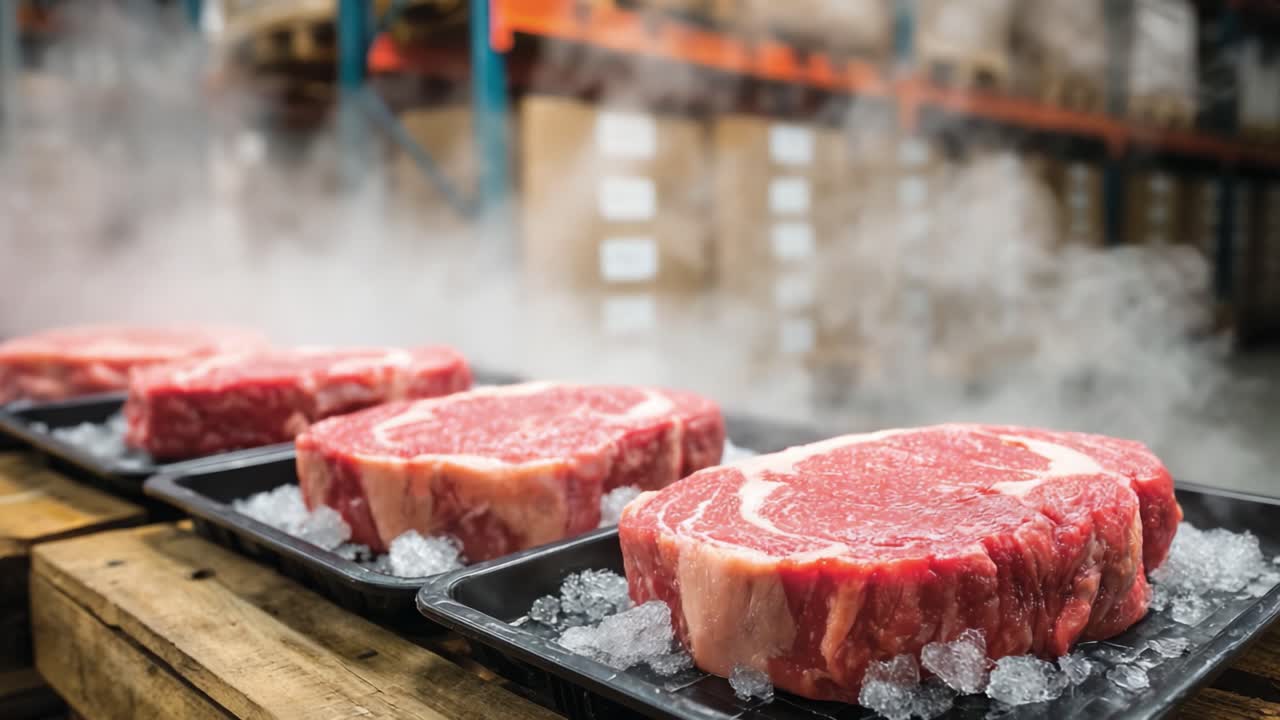 Premium Cuts of Ribeye Steaks on Ice in a Cold Storage Warehouse, Showcasing Freshness and Quality with Steam Rising in the Background