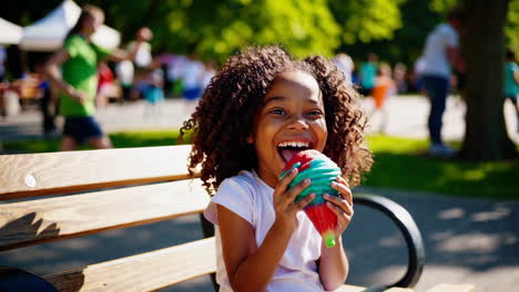 happy girl enjoying a colorful frozen treat in the park