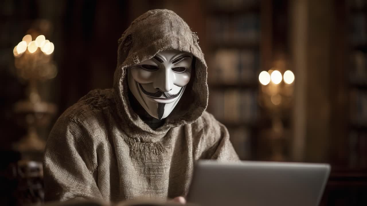 Mysterious Figure in a Hooded Cloak, Wearing a Mask, Engaged in Deep Focus While Using a Laptop in a Dimly Lit Library Setting