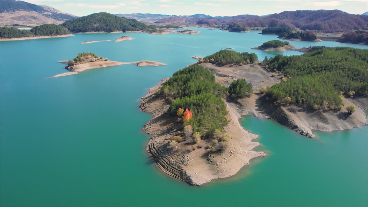 Aoos Spirngs Lake Reservoir, Aerial Point of Interest Shot, National Park of Aoos in Metsovo Region Greece, Panoramic View